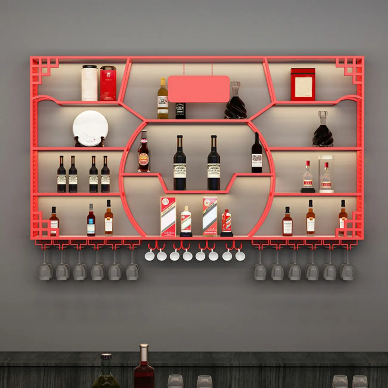 Multi-Shelf Gold Metal Wall-Mounted Wine & Glass Rack