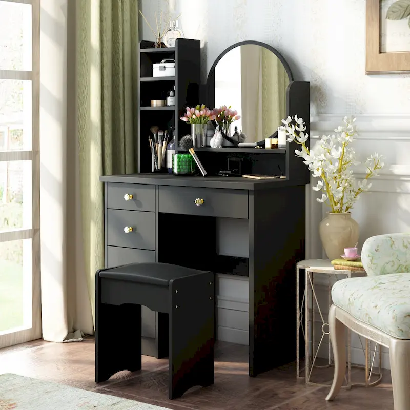 Makeup Vanity Set with Round Mirror, Drawers & Shelves