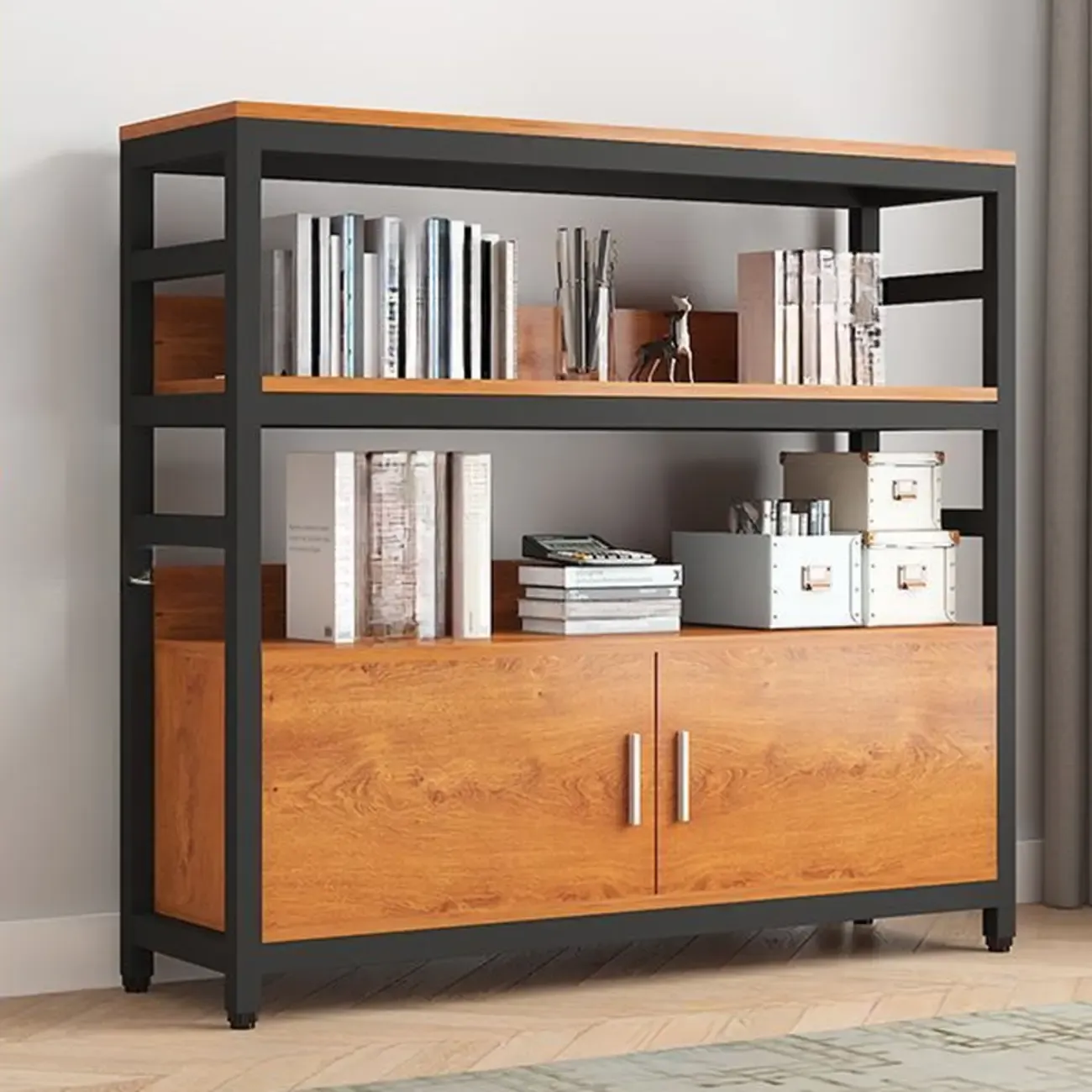 Brown Multi-Shelf Wooden Vertical Bookcase with Cabinet