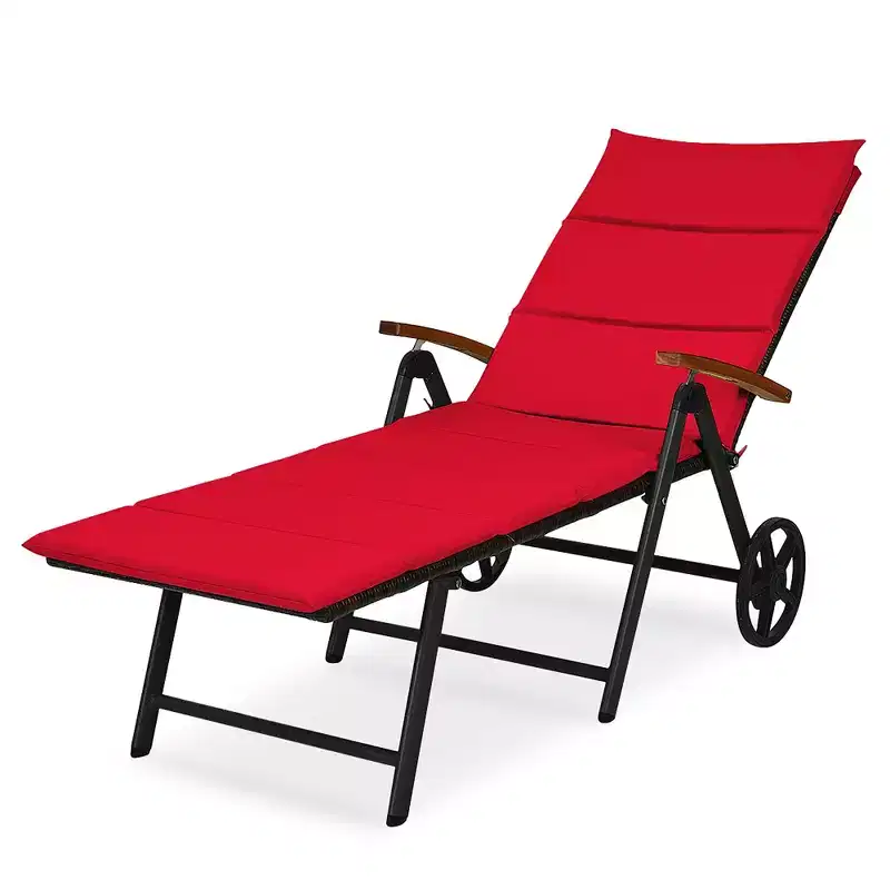 Costway 2 PCS Folding Patio Rattan Lounge Chair Cushioned Aluminum w/ Wheel