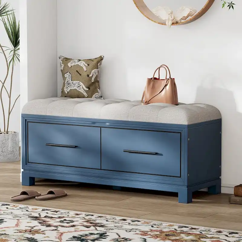 Storage Bench with Cushion - Entryway Shoe Organizer, Pine Wood, 350 LBS Capacity, Removable Cushion, Hidden Storage for Living Room Hallway