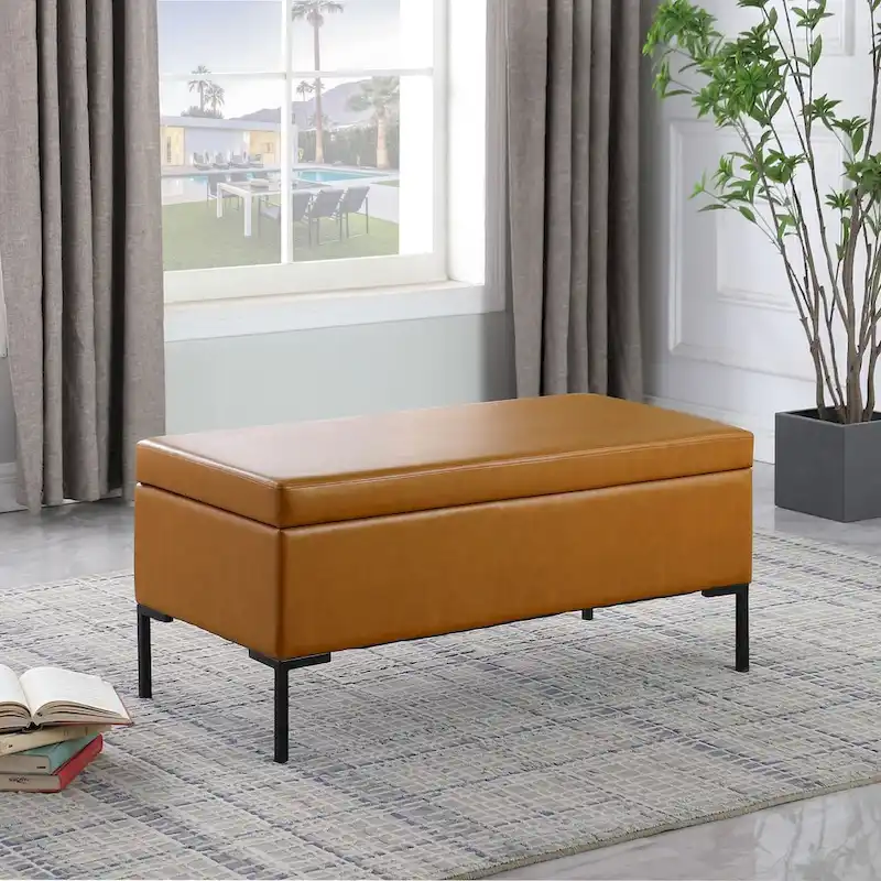 Gray Woven / Caramel Faux Leather Storage Bench with Black Metal Legs – 2-Person