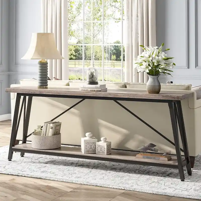 Long Console Table with 4-Tier Shelves & Steel Frame – Dark Brown / Light Grey / Gold & White / Light Brown & White / Light Brown & Black, Industrial Style, Single