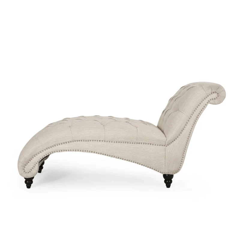 Curb Chaise Lounger, 64 Inch, Button Tufted Diamond Stitch, Beige Fabric