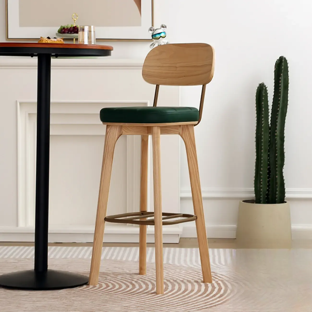 Wooden Square Leather Upholstered Bar Stool with Backrest