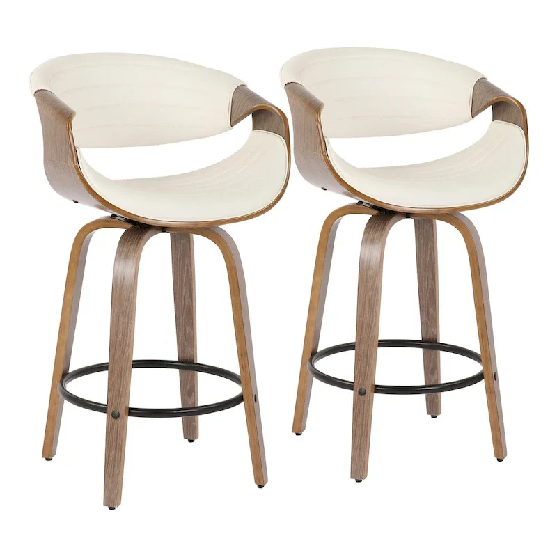 Faux Leather Counter Stool with Bent Wood Legs & Round Footrest (Set of 2)