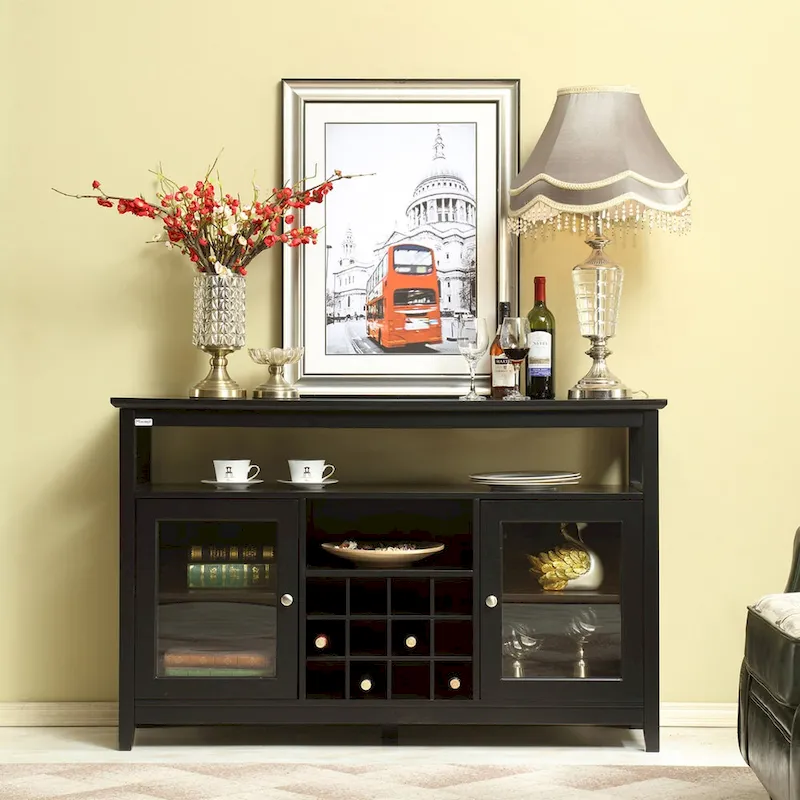 Black MDF Buffet Sideboard with 2 Glass Cabinets, 4 Open Shelves & 12-Bottle Wine Rack