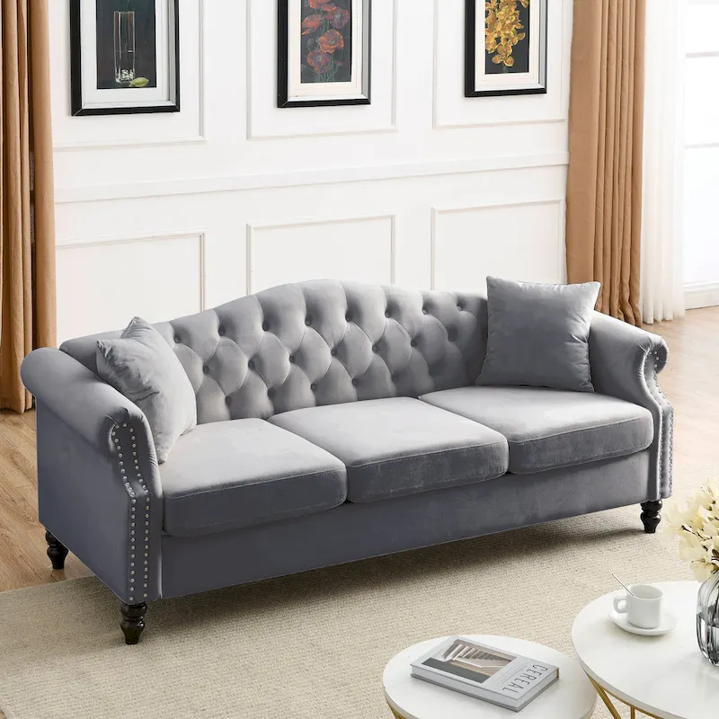 [Video] 79  Chesterfield Sofa Grey Velvet for Living Room, 3 Seater Sofa Tufted Couch with Rolled Arms and Nailhead for Living R