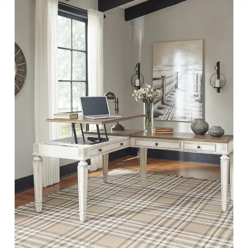 Antique White/Brown 2-Piece Home Office Lift Top Desk