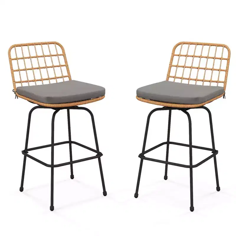 Costway Patio 360 Swivel Bar Stools Set of 2 with Backrests & Footrests Soft Seat Cushions