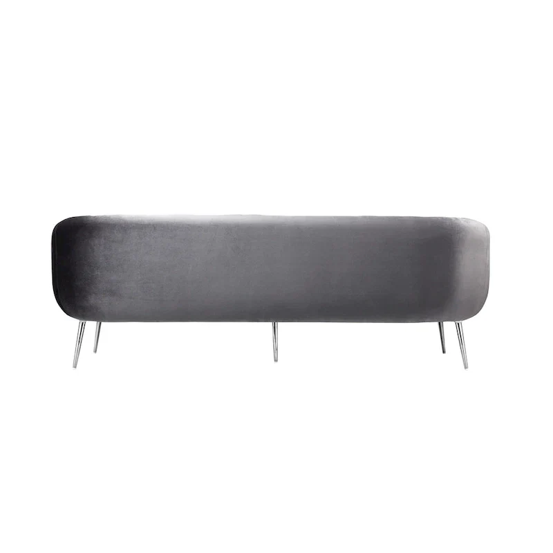 Decy 74 Inch Sofa, Channel Stitched, Cushioned Seat, Gray Velvet, Silver