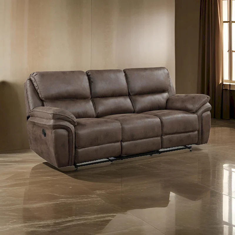 Tony 90 Inch Double Manual Recliner Sofa, Brown Microfiber, Solid Wood