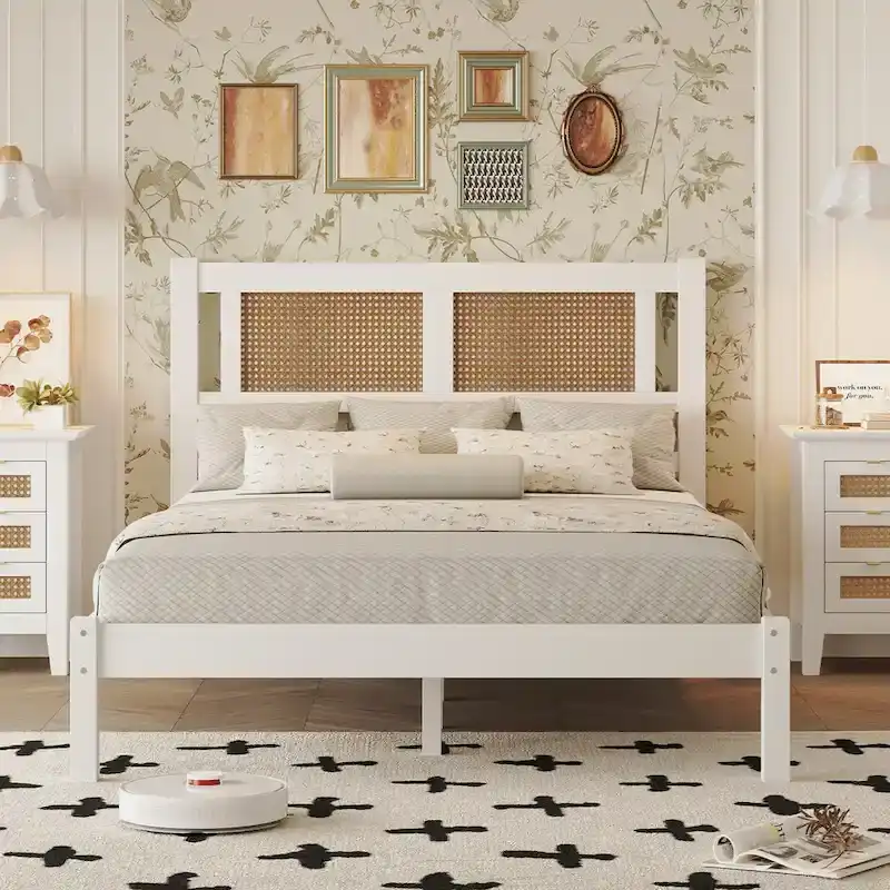 Wooden Platform Bed with Natural Rattan Headboard