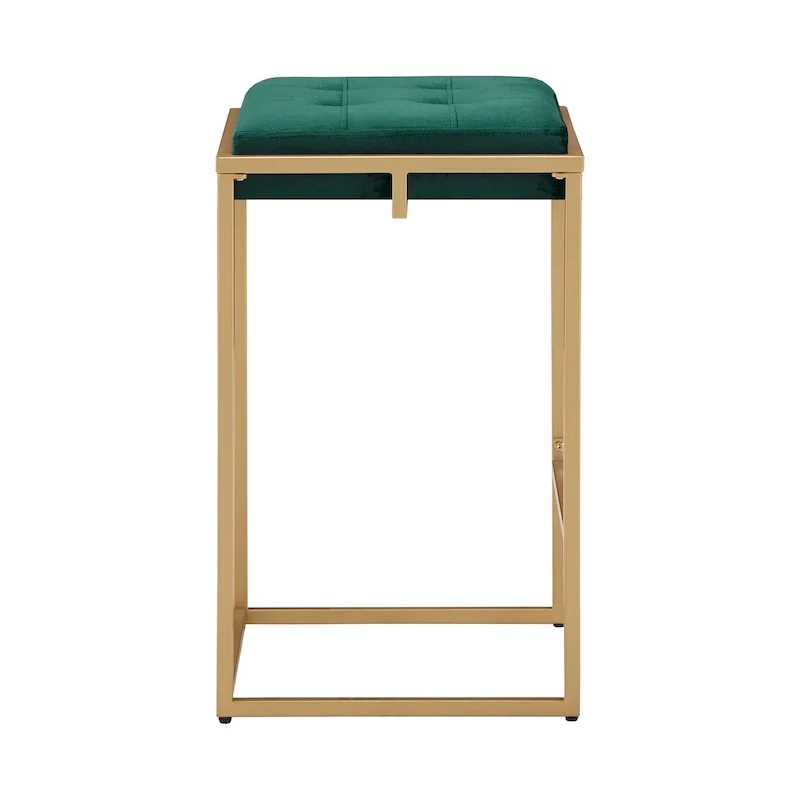 Backless Velvet Button-Tufted Bar Stool with Gold Metal Base & Footrest – Beige / Blue / Green, Counter / Bar Height