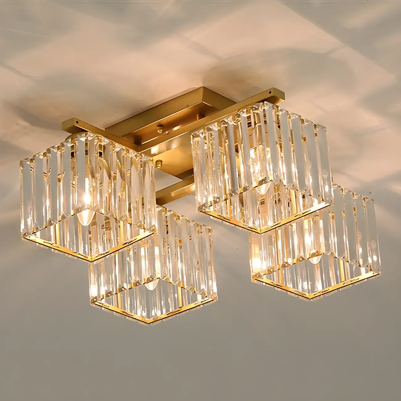 Modern Square Gold Crystal Flush Ceiling Light in 8 Lights