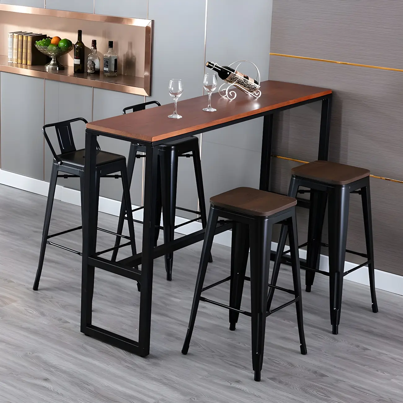 Scandinavian Brown Wood Blue Metal Footrest Bar Tables