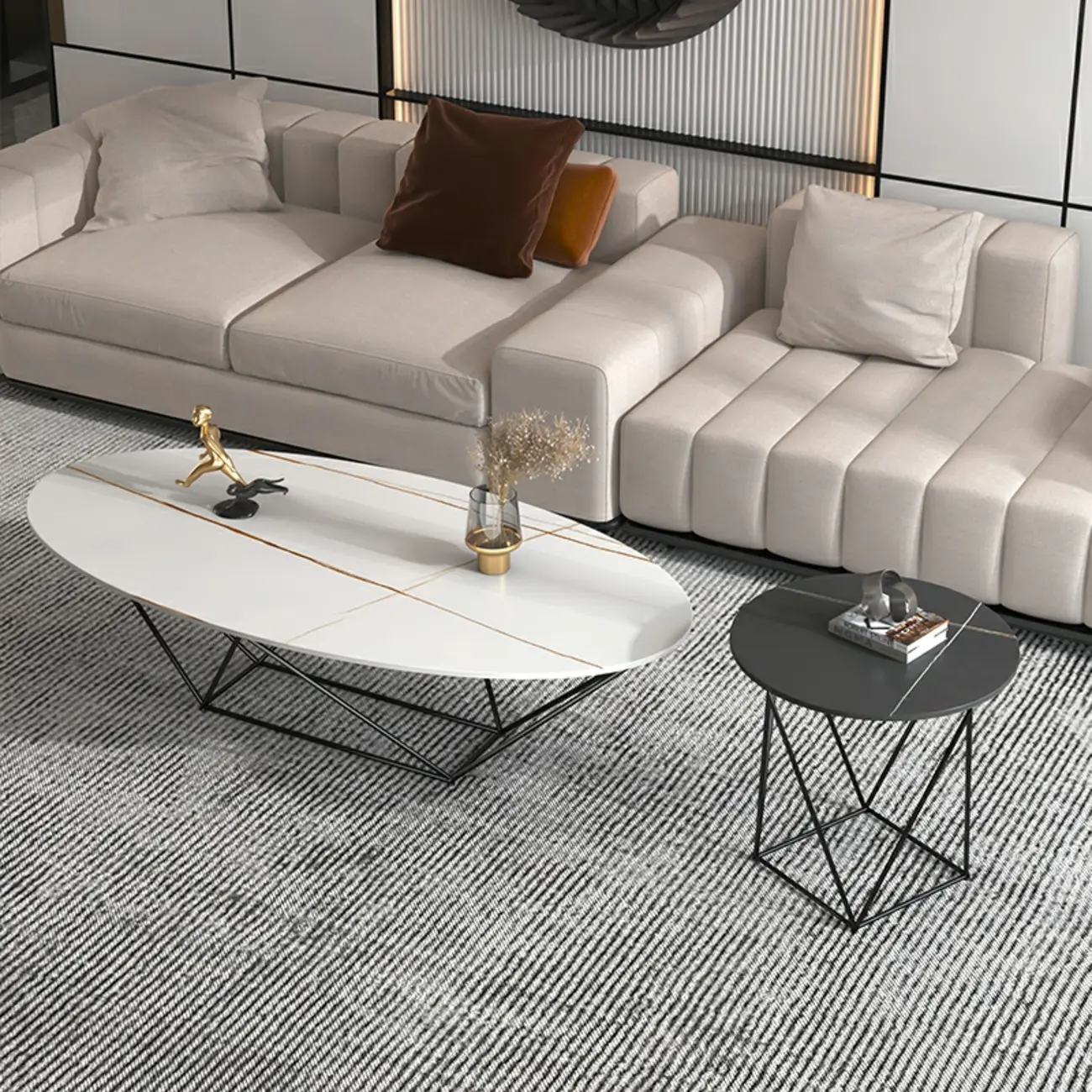 Stylish Metal Black Oval Coffee Table with Geometric Base