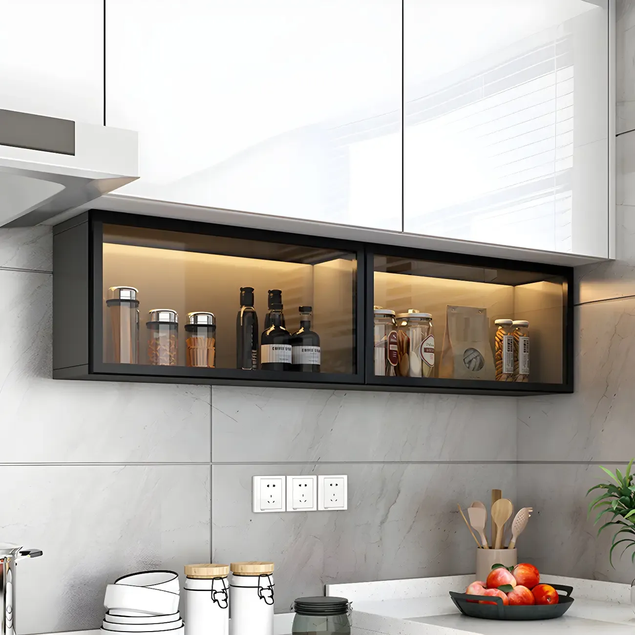 Kitchen Grey Wood Wall-Mounted China Cabinet