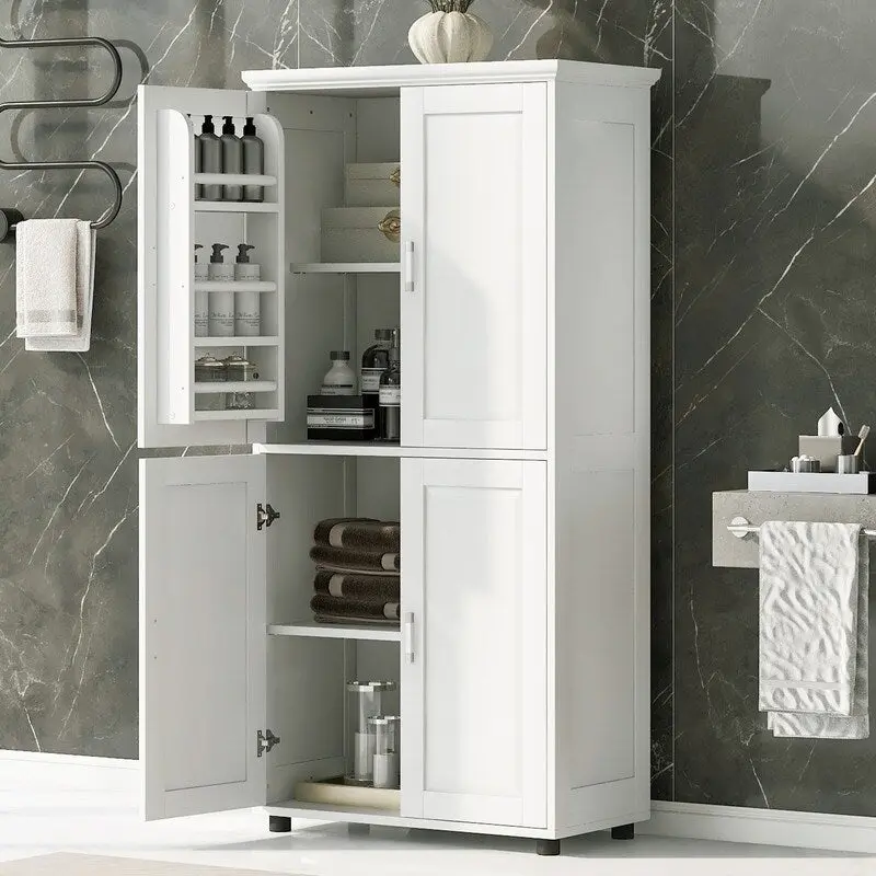 White Tall Freestanding Storage Cabinet with 4 Doors, Adjustable Shelves