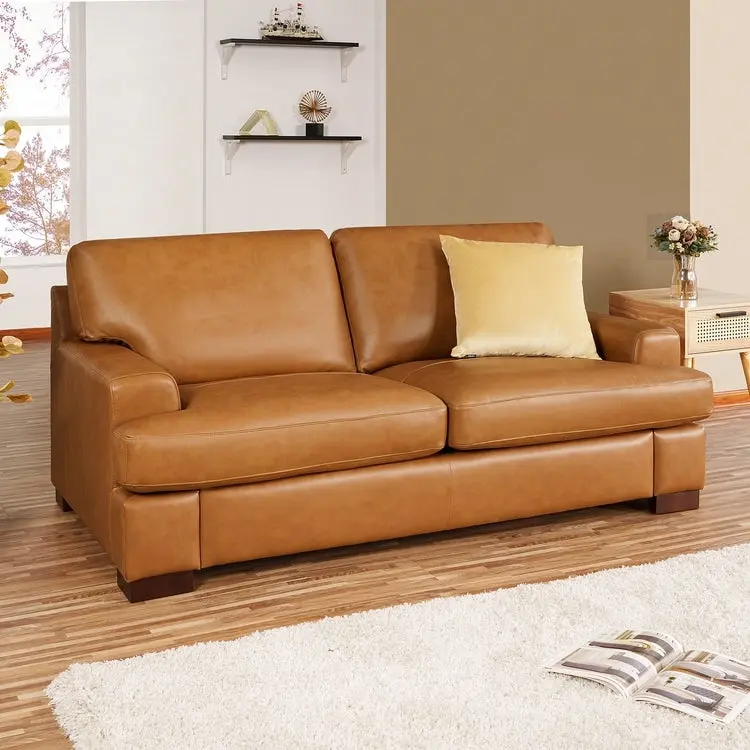 Siggy Genuine Elegant Luxurious Leather Loveseat Sofa with Goose Feather Cushion, Square Arms and Sturdy Block Legs