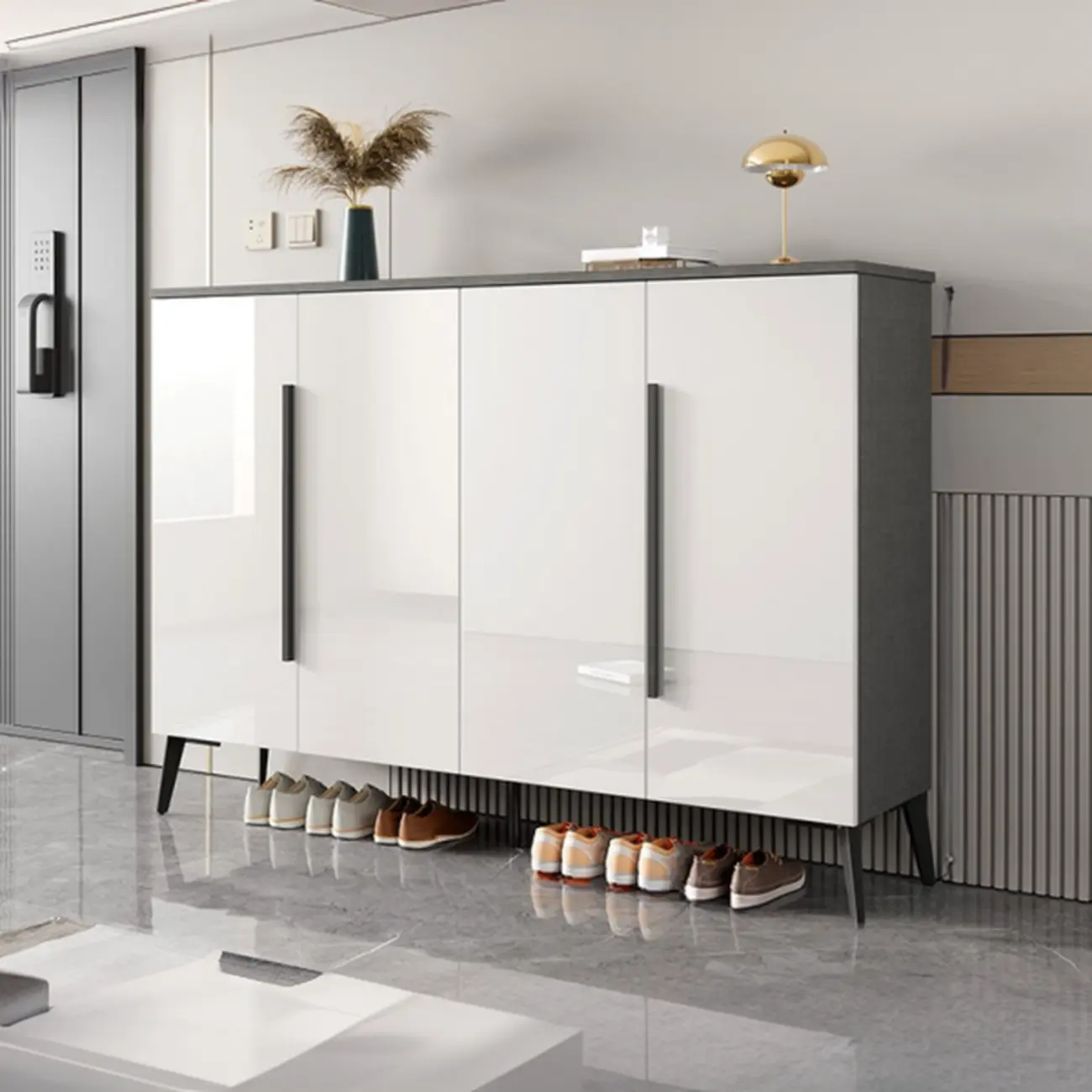 Trendy Gray-White Wooden Shoe Cabinet with Display Top