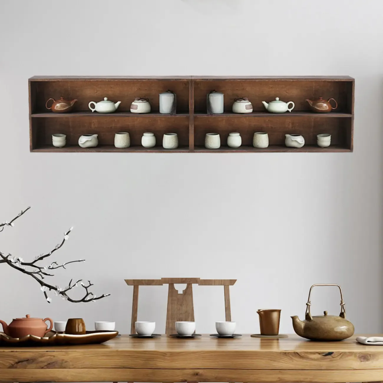 Traditional Long Brown Wood Wall Mount Open Display Cabinet