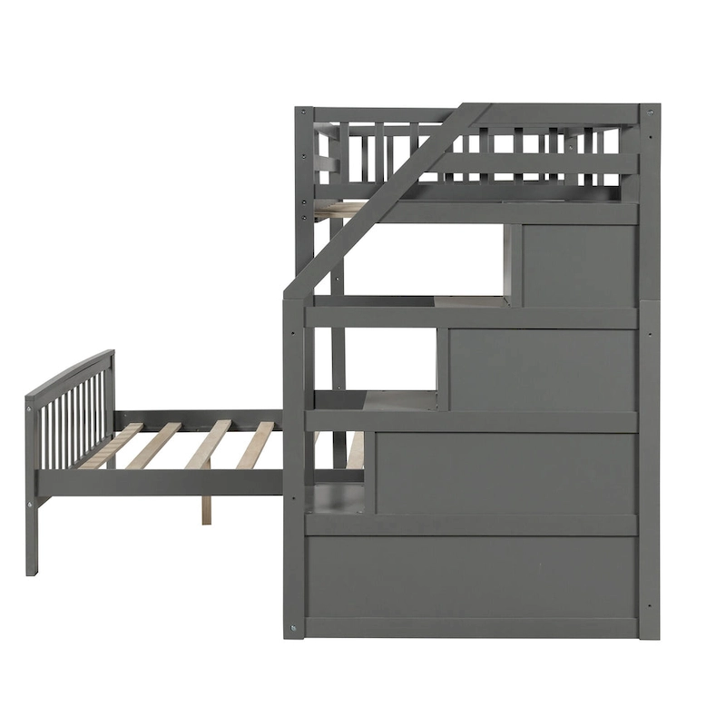 Twin Over Full Wood Loft Bed with Staircase,High Guardrails and Ladder