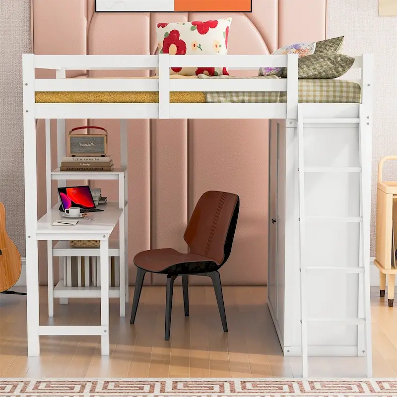 Merax Loft Bed with Wardrobe and Desk and Shelves
