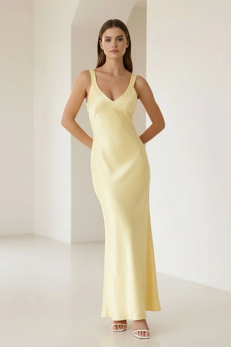 Yellow Mermaid Satin V Neck Long Party Dress