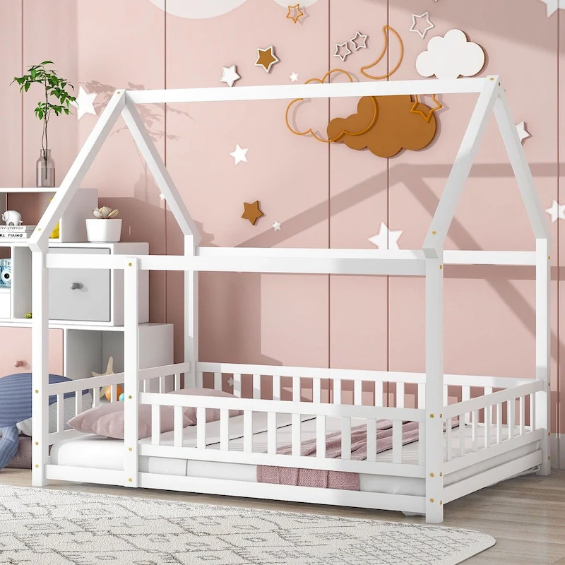 White House-Roof Floor Bed with Fence, Pine Wood, 1-Person