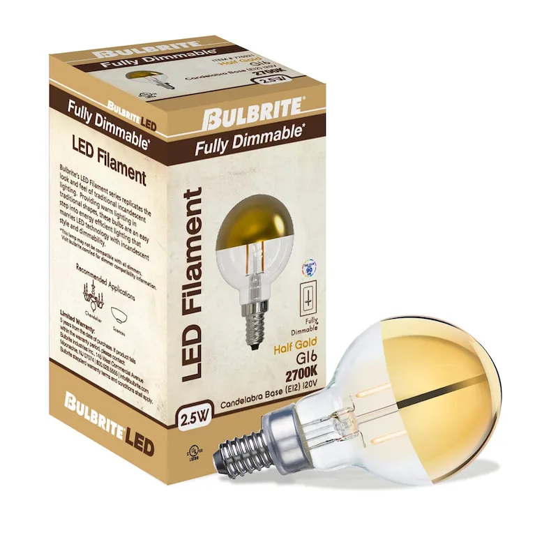 Bulbrite LED Filament Pack of (4) 2.5 Watt Dimmable G16 Light Bulb with Half Gold Glass Finish and Candelabra (E12) Base