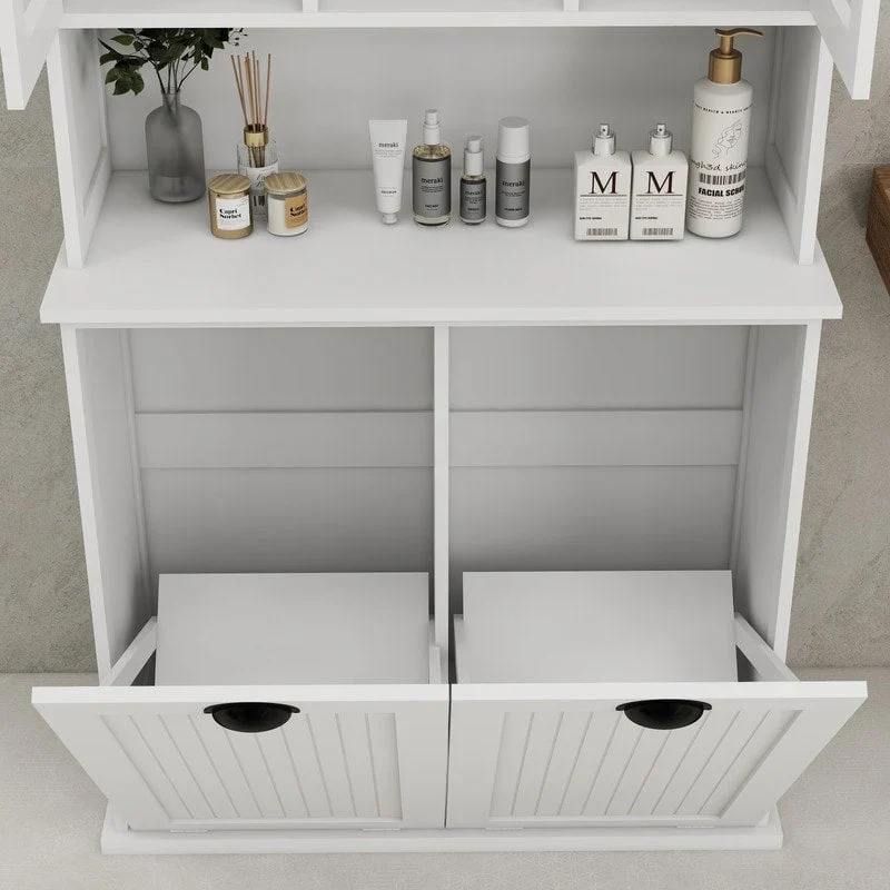 Two-Compartment Tilt-Out Dirty Laundry Basket Tall Bathroom Cabinet