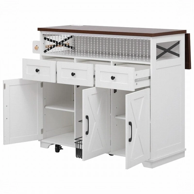 Farmhouse 46.5 Kitchen Island with Power Outlet, Rolling Kitchen Cart on Wheels with Drop Leaf