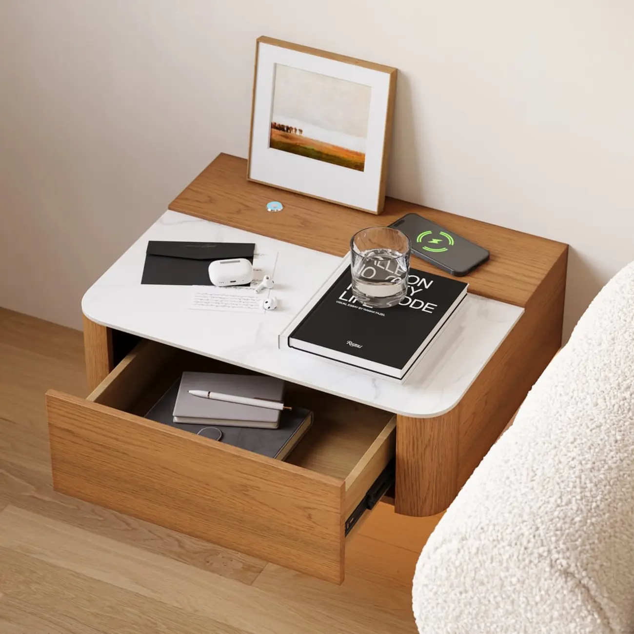 Wireless Cherry Wood Floating Nightstand with Drawers & Light