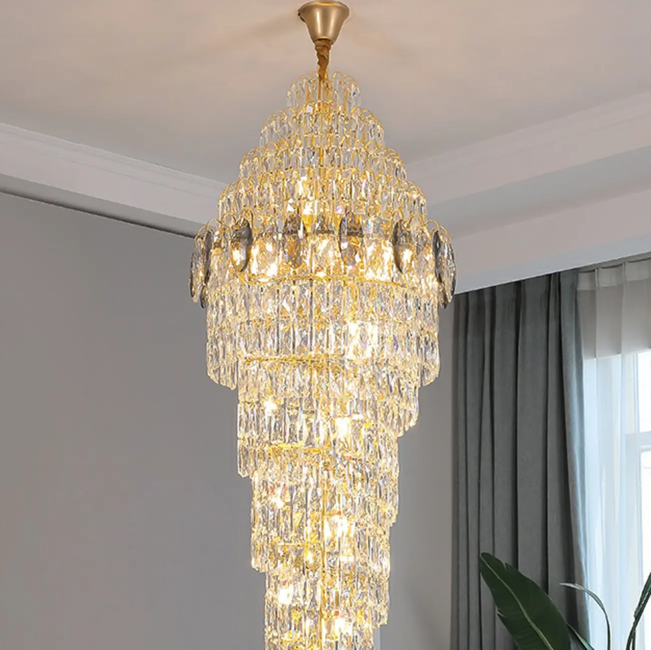 Luxury Gold Spiral Crystal Stairwell Chandelier Height Adjustable