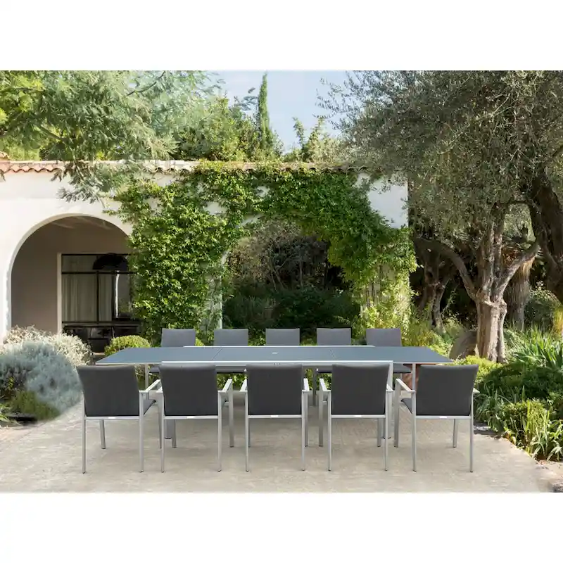 Vesuvio Light Grey 11-Piece Aluminum Outdoor Dining Set with Sling Set in Midnight Grey - N/A