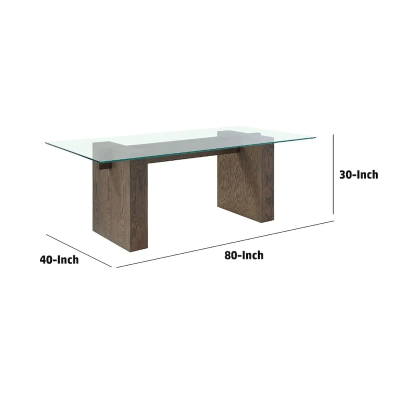 Lan 80 Inch Dining Table, Glass Top, Wood Double Pedestal, 6 Seater, Brown