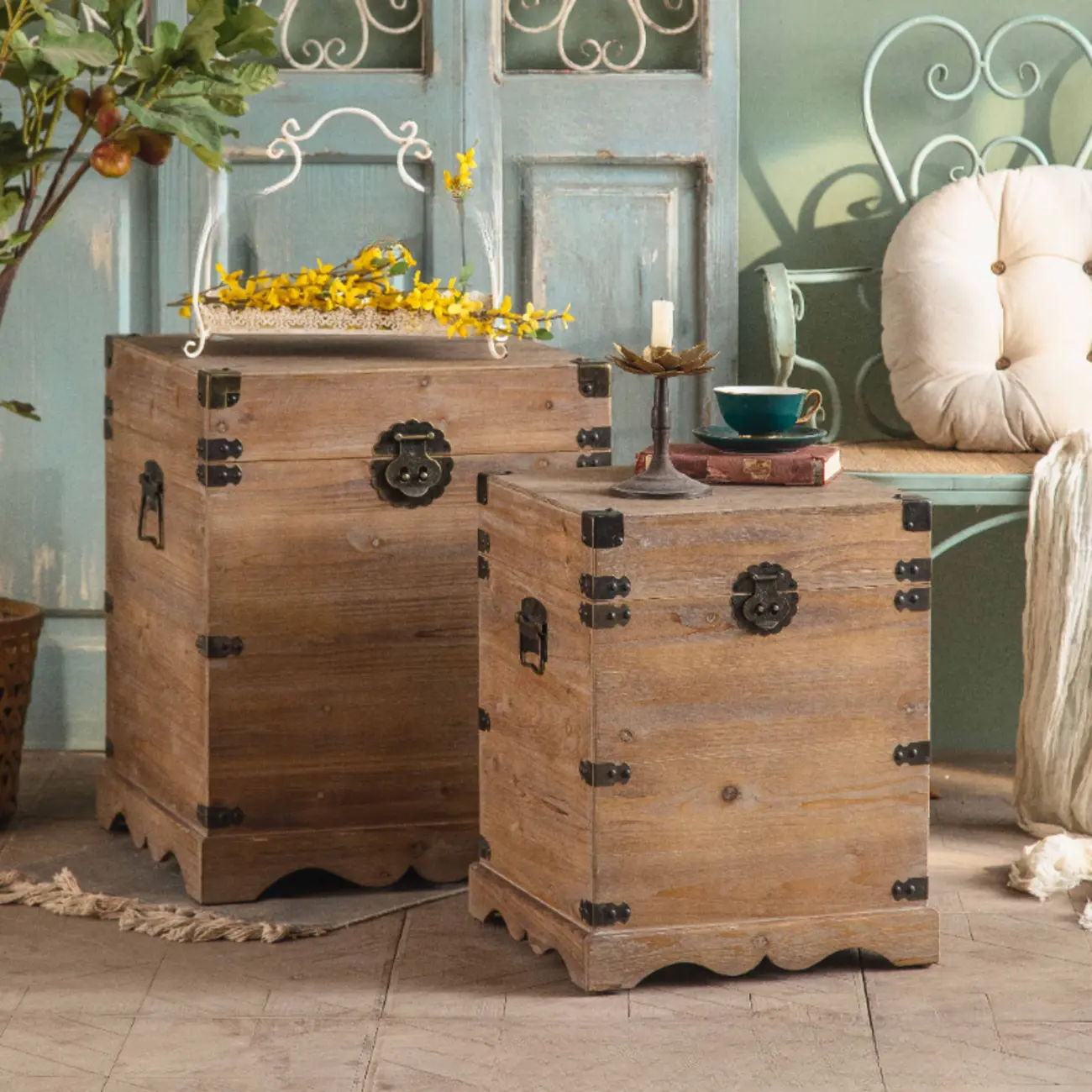 Natural Finish Square Rustic Wood End Table