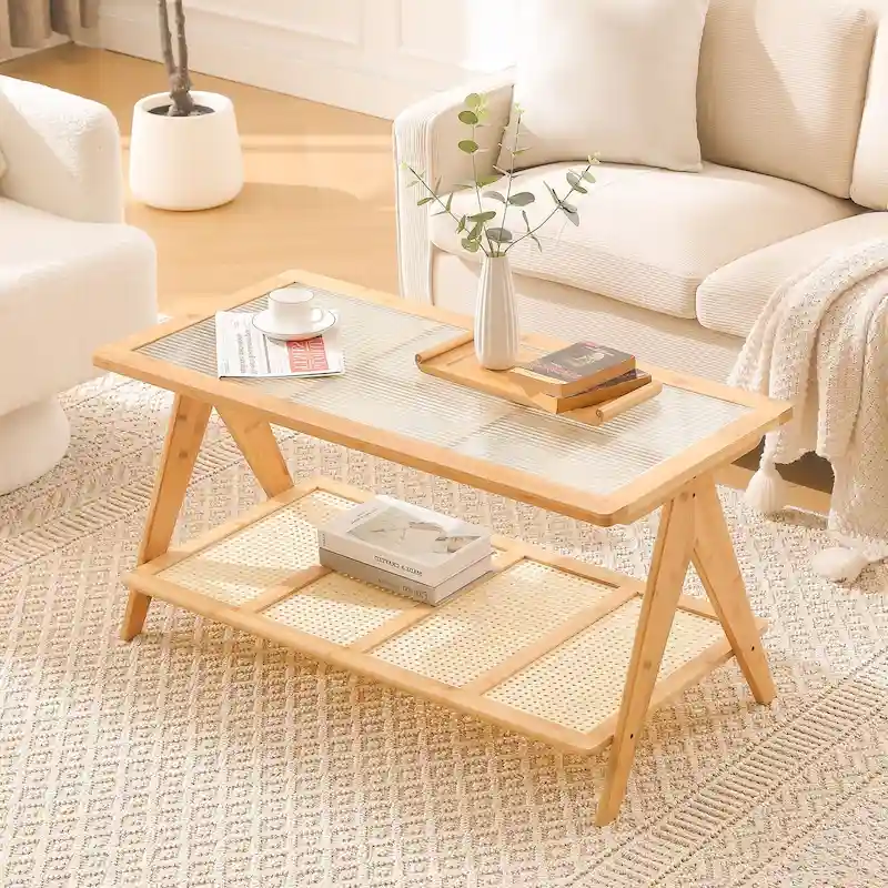 2-Tier Rectangular Coffee Table, Glass Top Sofa Table - 39.4L x 19.7W x 19.7D