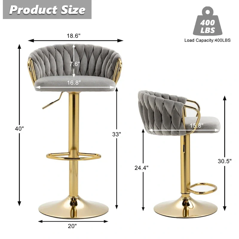 Set of 2 Bar Stool Adjustable Height Swivel Velvet Woven