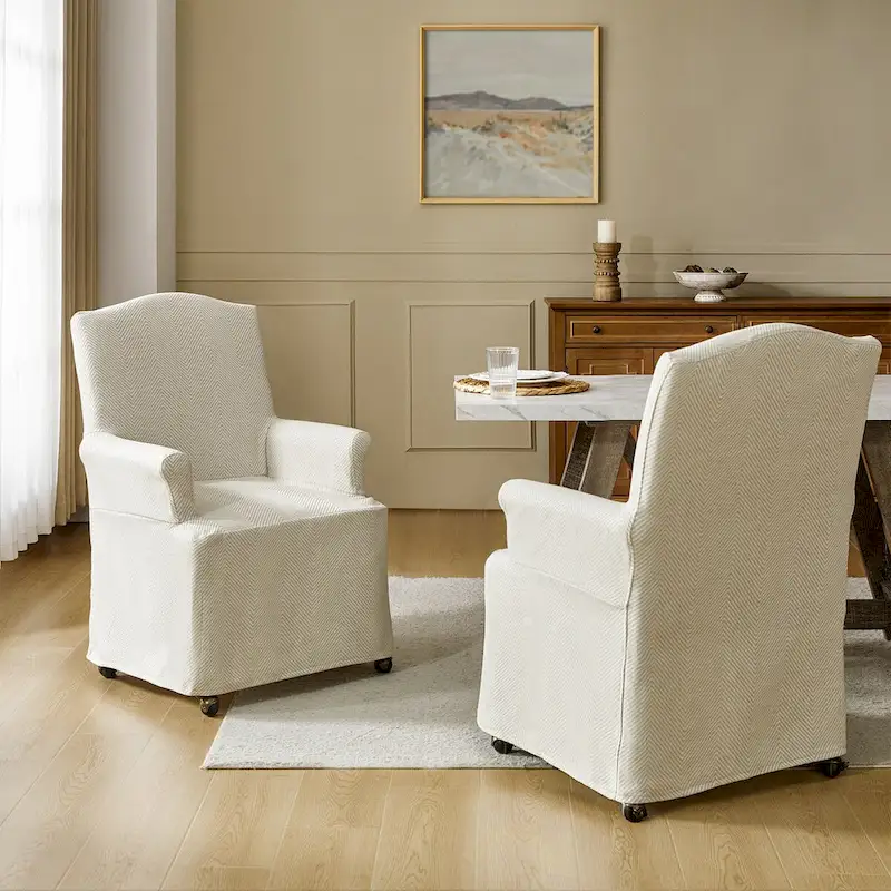 Upholstered Slipcover Arm Dining Chairs with Solid Wood Legs Set of 2