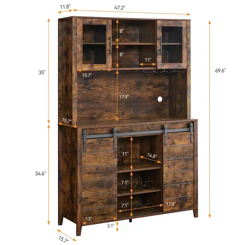 70'' Tall Coffee Bar Cabinet, Freestanding Kitchen Pantry Cabinet with Wine & Glass Rack, Wood Kitchen Hutch Storage for Kitchen Living Room