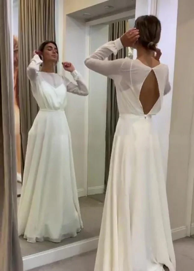 Bohemian Long Sleeves A Line Open Back Modest Chiffon Wedding Dress
