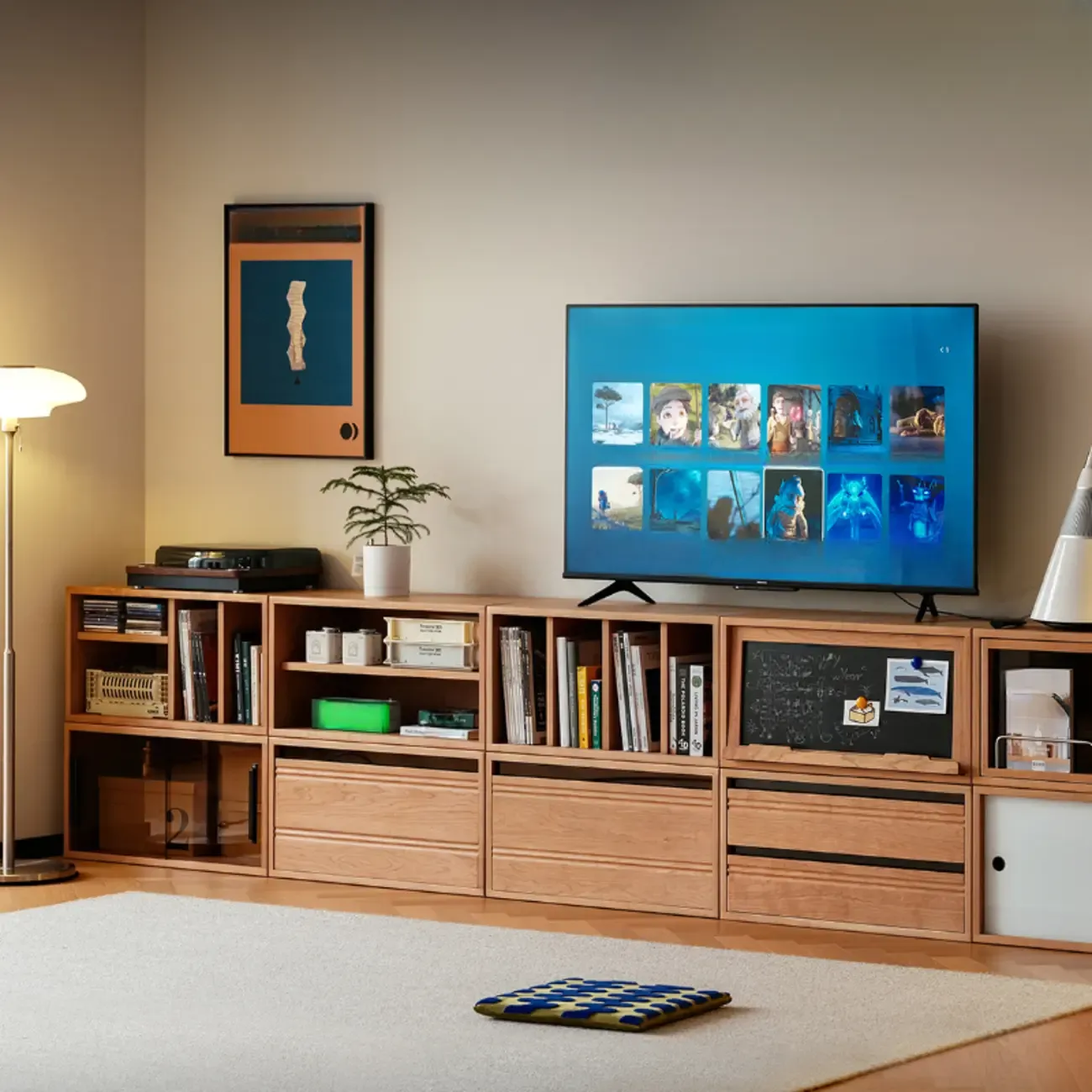 Simple Wood Brown Horizontal Bookcase with Drawers