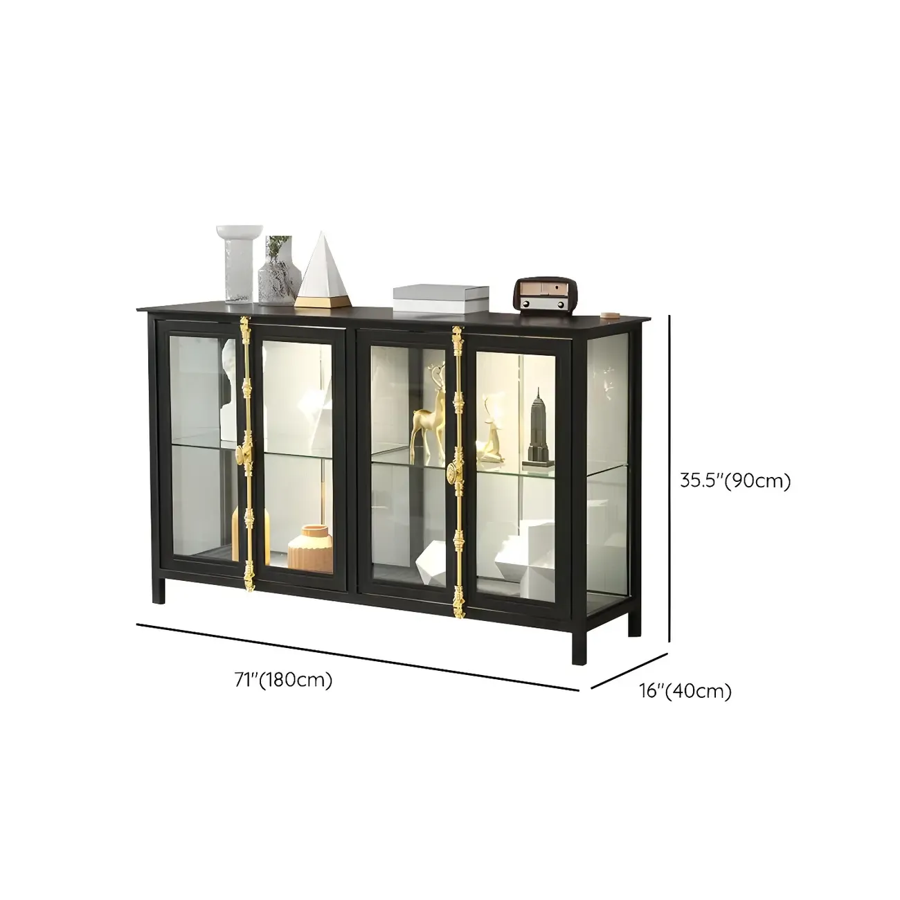 Black Metal Glass Shelves Display Cabinet with Lights