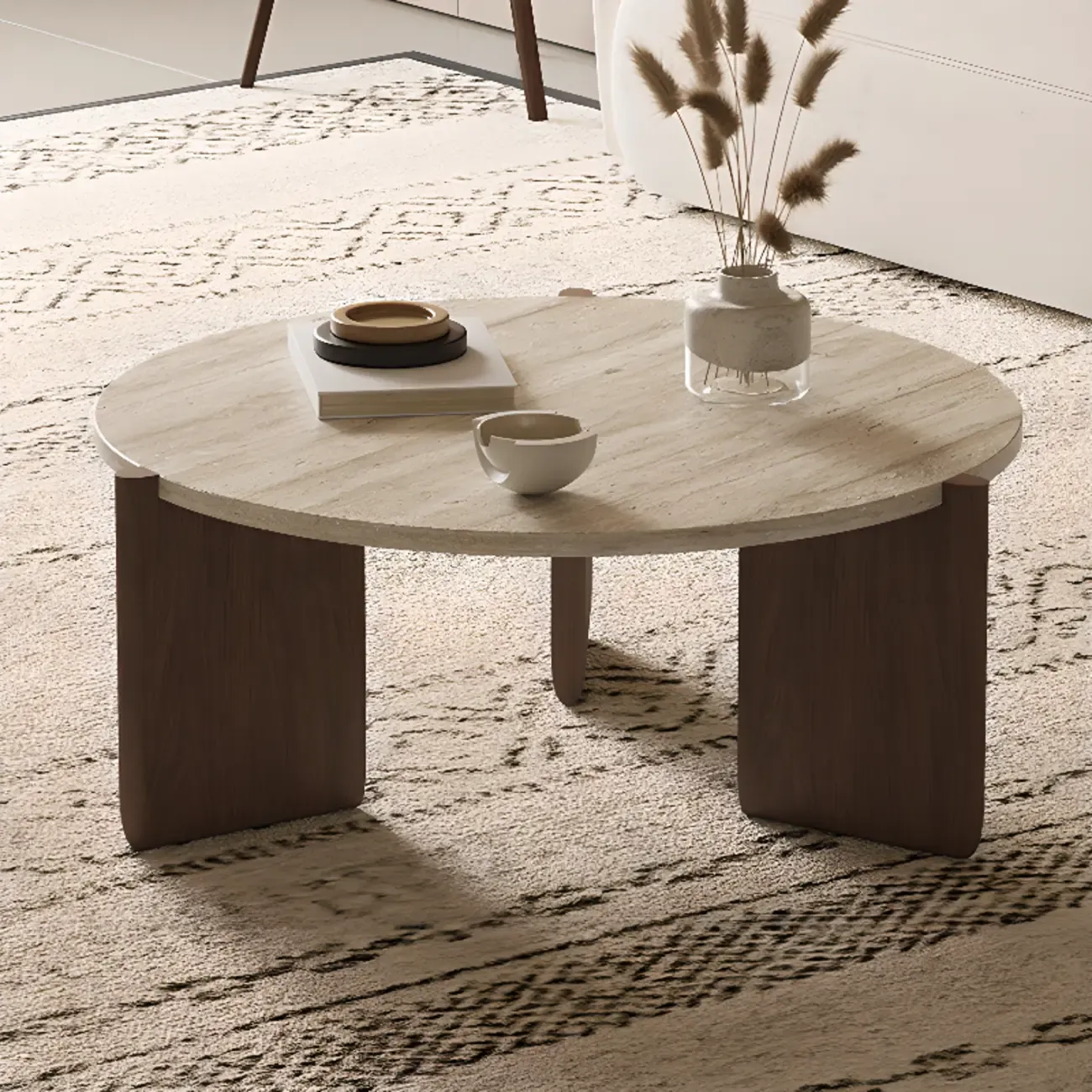 Modern Beige Travertine Top Coffee Table in Hexagon/Round
