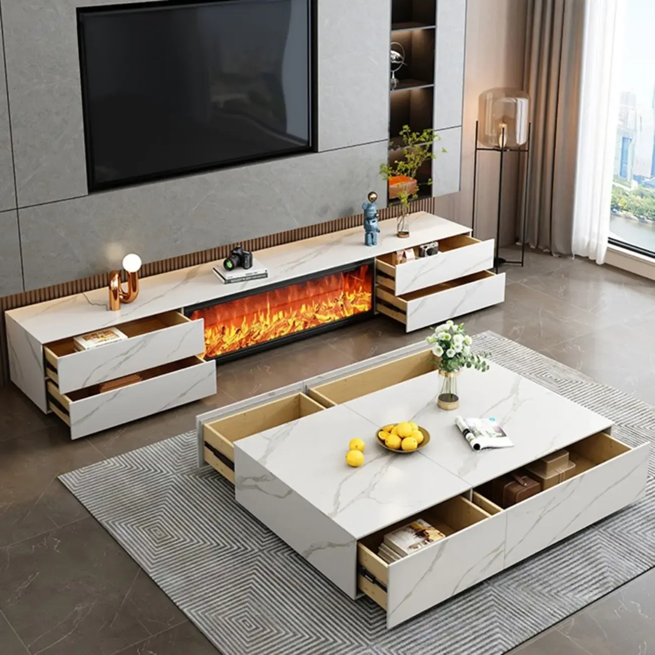 94.5 White Rectangle Stone TV Stand with Fireplace & Light