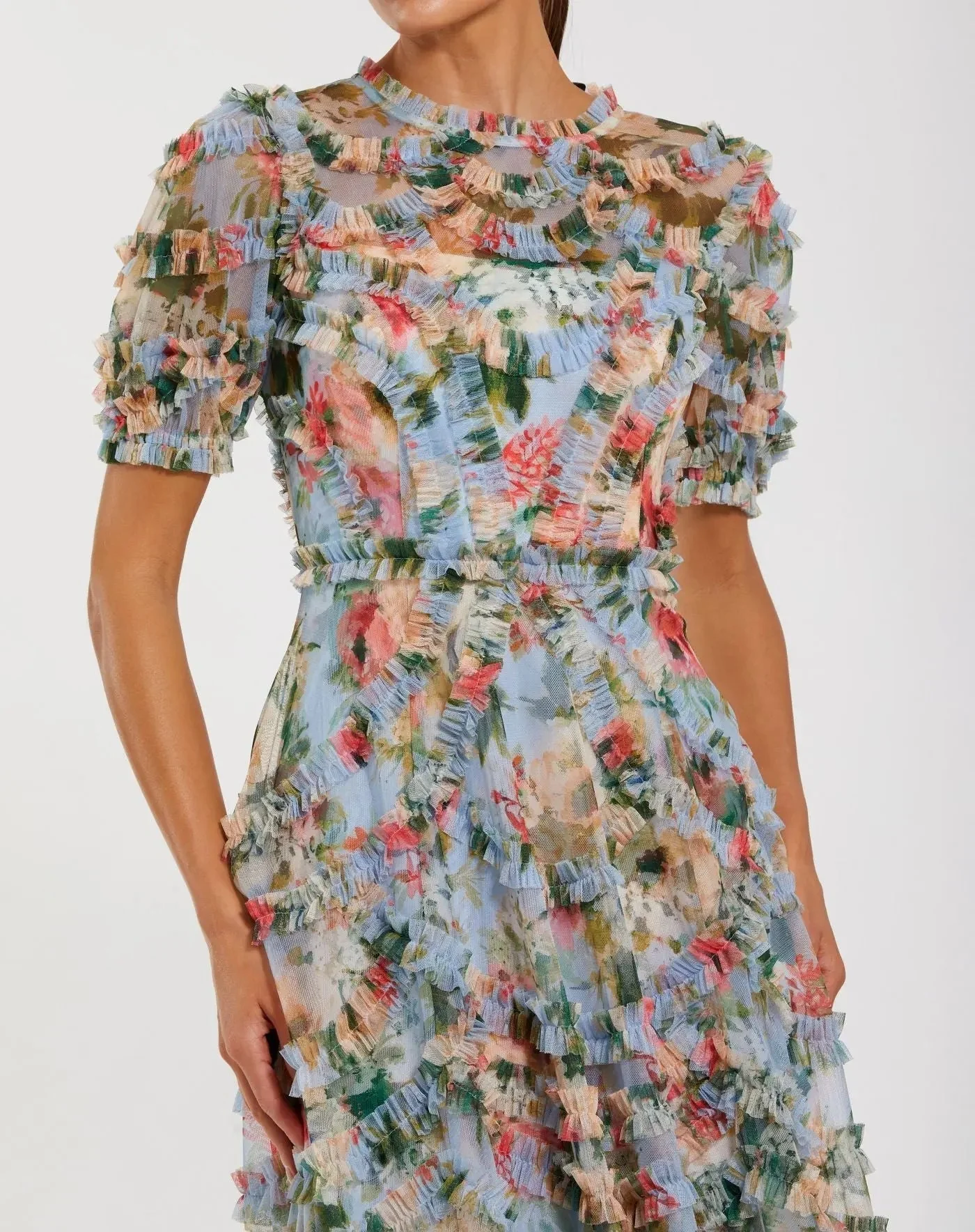 Blue Floral Mesh Ruffle High Neck Midi Dress