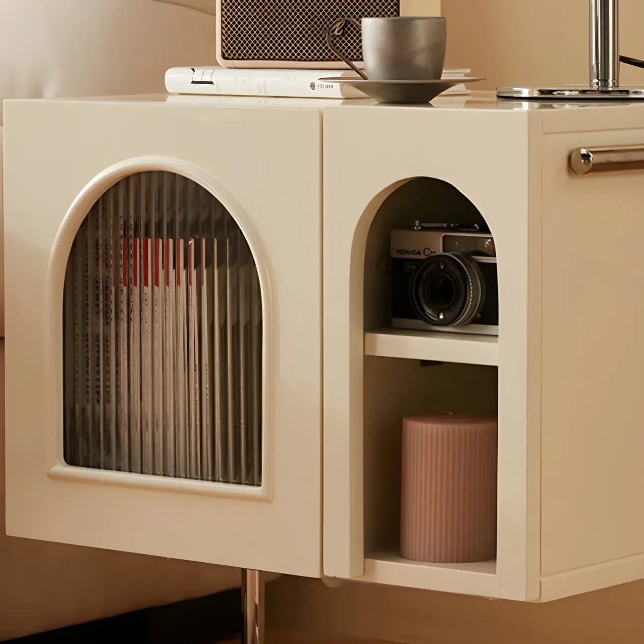 Narrow Cubic Wooden Black Nightstand in Steel Base