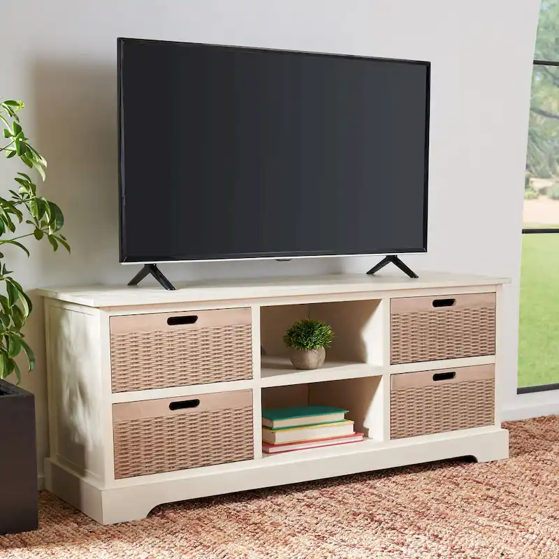 Farmhouse Media TV Stand – Brown / Sand / Black / Distressed White – 2-Shelf 4-Drawer